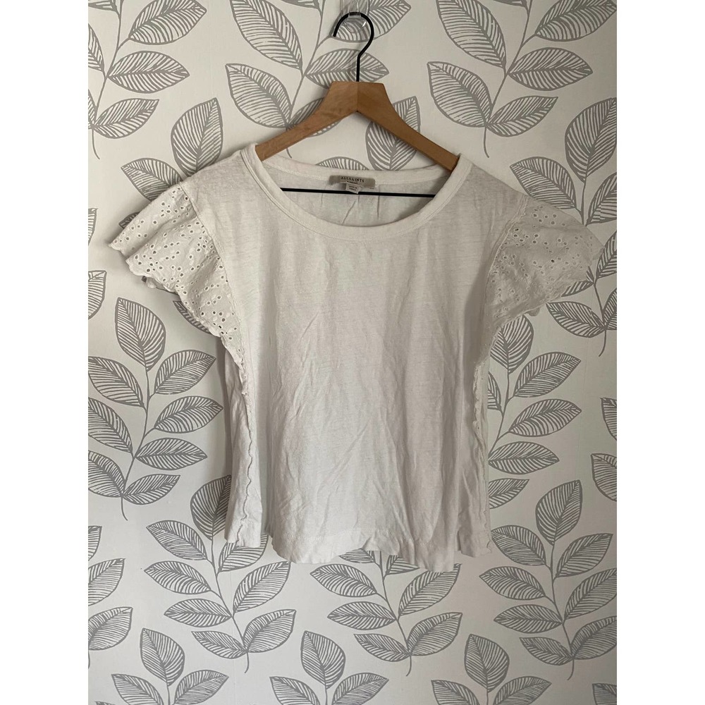 AllSaints White Ruffle Sleeve T-shirt, Size XS